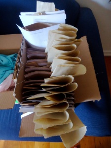 A baker's double dozen Cake Roll Kits, ready for the seam rippers to arrive before they ship out!