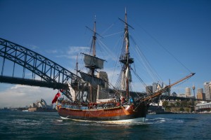 replica HMS Endeavour in Sydney, click for source